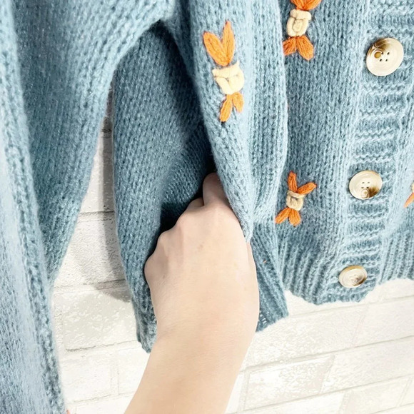 Listicle Blue Button Front Cardigan with Floral Design & Pockets Women's Small - Picture 6 of 10
